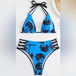 Blue Palm Tree Triangle Halter Strappy High Waisted Bikini Set